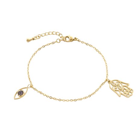 Bratara placata cu aur de 18K decorata cu hamsa si ochi Links, 02J27-00014, Oxette Romania