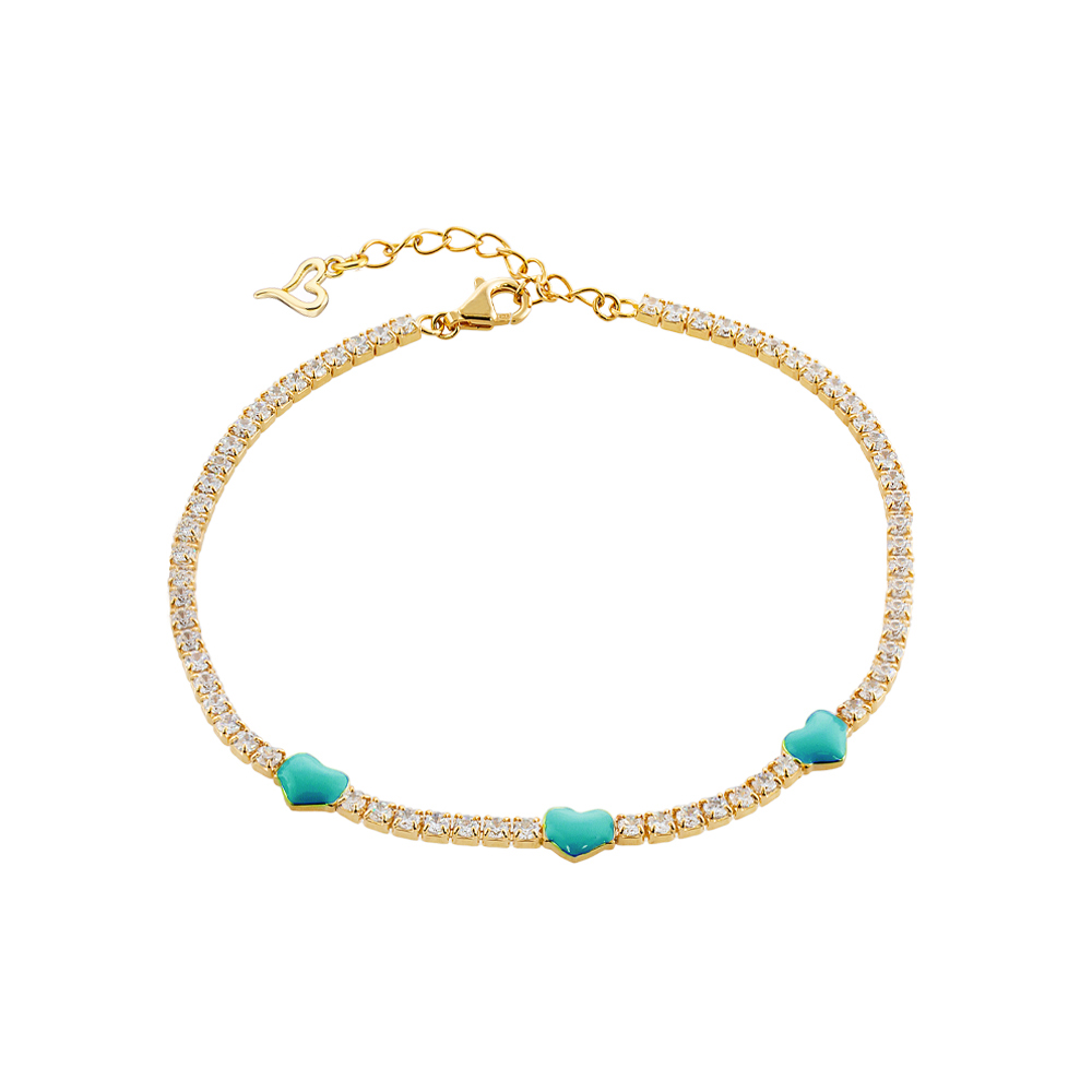 Bratara tennis placata cu aur galben de 18 K decorata cu inimi albastre Doll, 02L15-01415, Oxette Romania