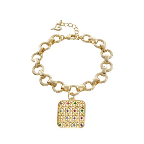 Bratara cu zale placat cu aur galben de 18 K cu pandantiv patrat si pietre multicolore Basket, 02L15-01635, Oxette Romania