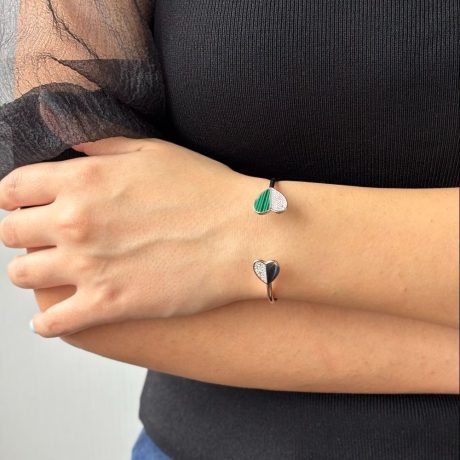 Bratara argint fixa cu inimi si cubic zirconia si malachit Essentials, 02V01-Y1092, Oxette Romania