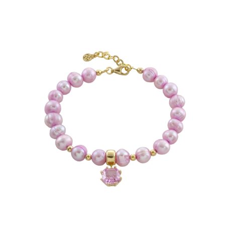 Bratara argint placata cu aur de 18K cu perle si cubic zirconia roz Gifting, 02X05-02449, Oxette Romania