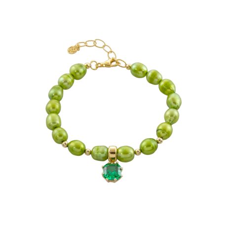 Bratara argint placata cu aur de 18K cu perle si cubic zirconia verde Gifting, 02X05-02452, Oxette Romania
