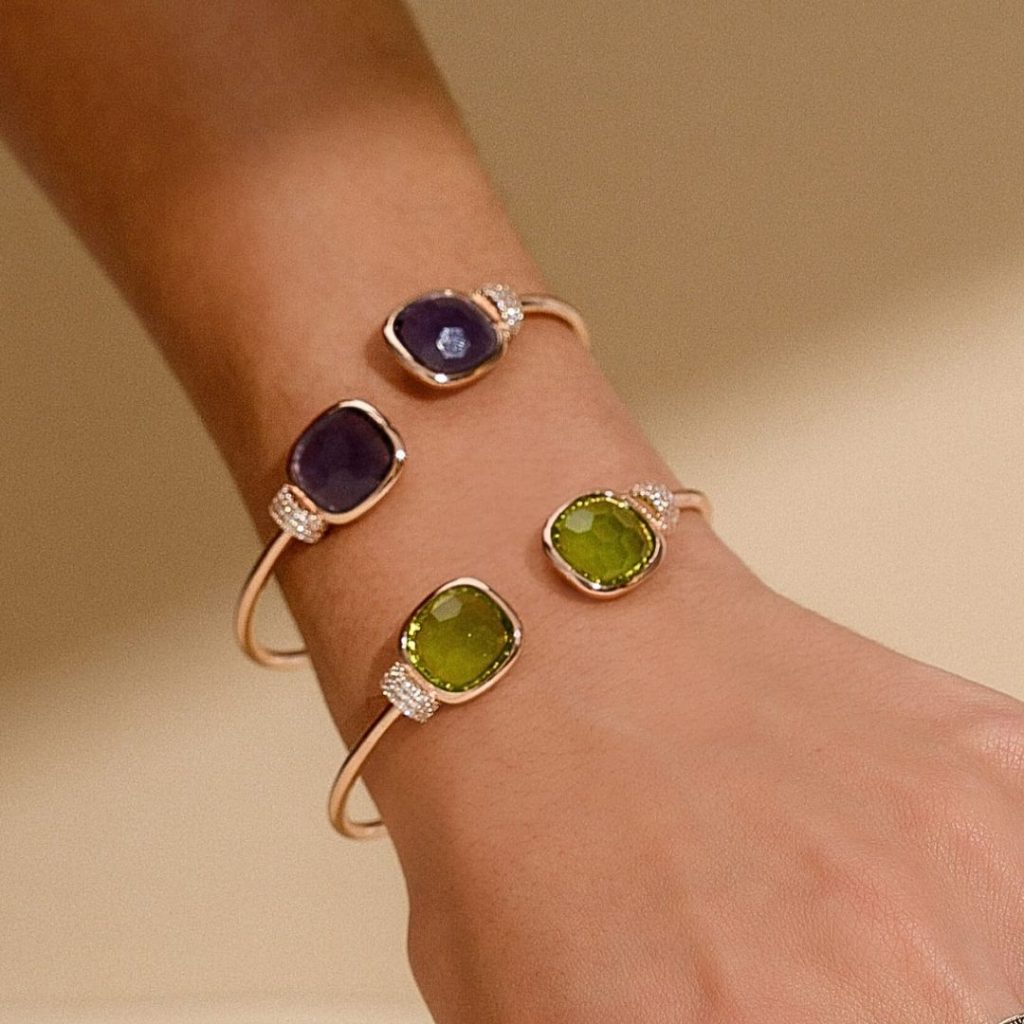 Bratara fixa placata cu aur roz de 18 K decorata cu pietre cubic zirconia verzi Darling, 02X15-00385-3, Oxette Romania