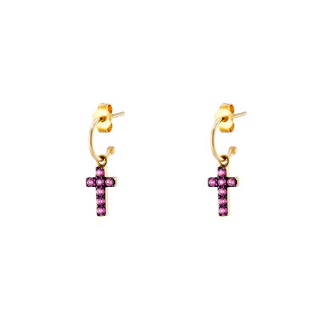 Cercei argint cu surub placati cu aur galben de 18 K decorati cu cruce si  pietre fucsia Cosmic, 03L05-01088, Oxette Romania