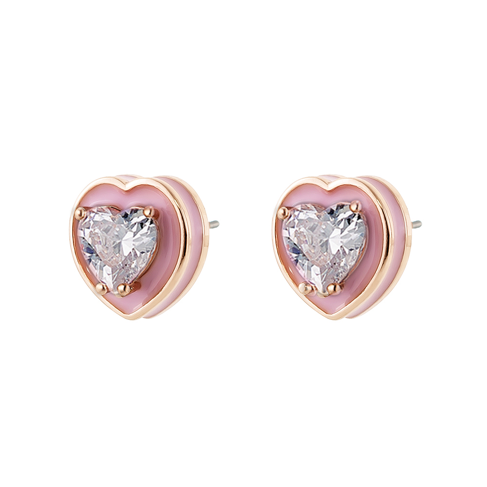 Cercei inima placati cu aur roz de 18 K decorati cu email roz si cubic zirconia Beauty, 03L15-01089, Oxette Romania