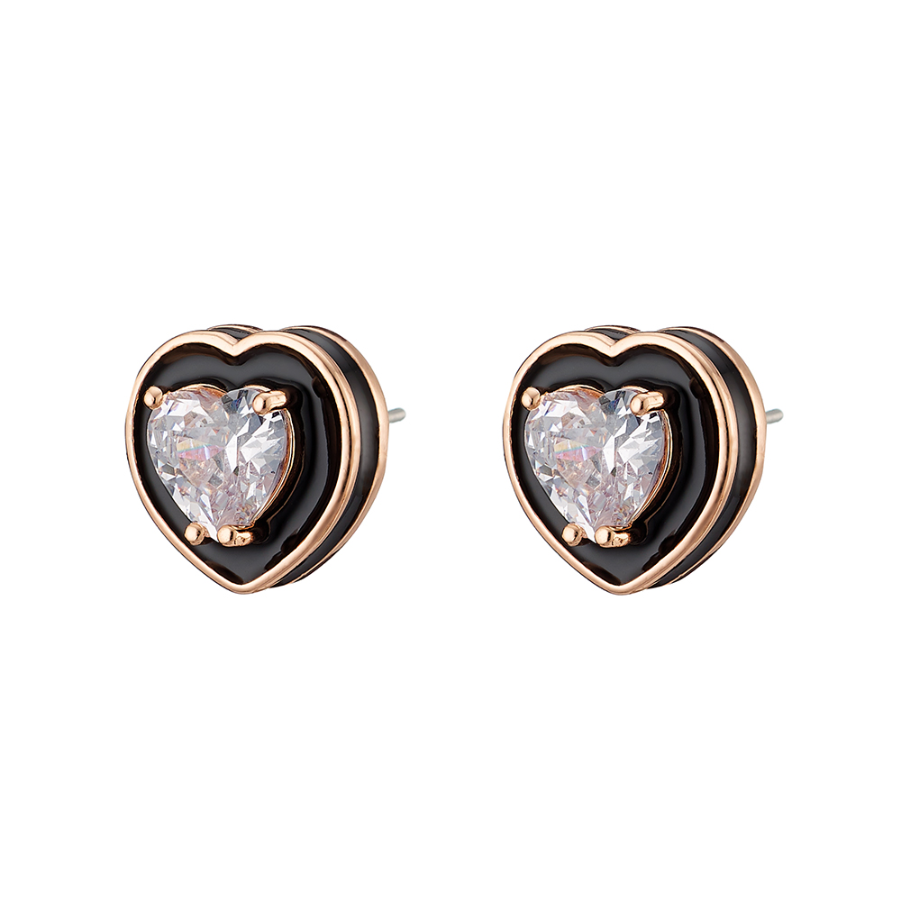 Cercei inima placati cu aur roz de 18 K decorati cu email negru si cubic zirconia Beauty, 03L15-01092, Oxette Romania