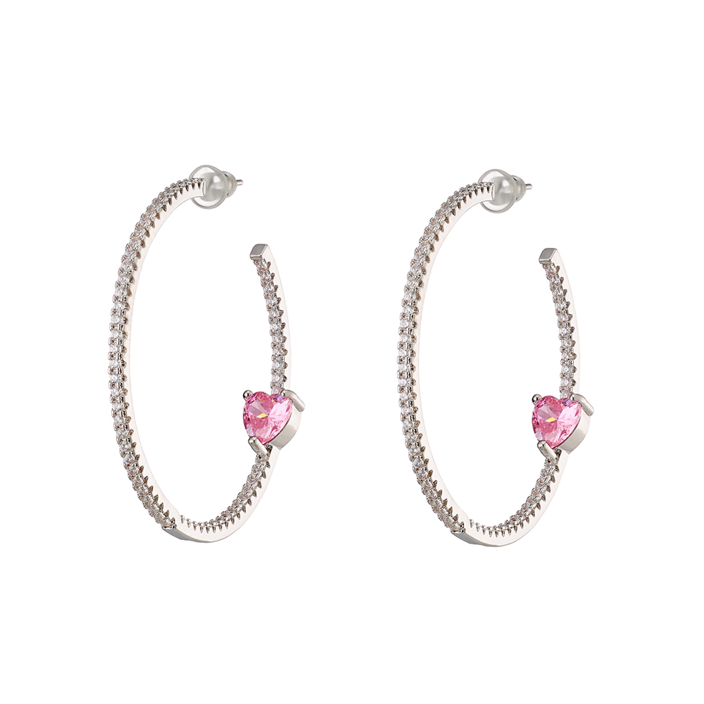 Cercei creole placati cu rodiu si decorati cu pietre cubic zirconia roz Happy Hearts, 03L15-01102, Oxette Romania