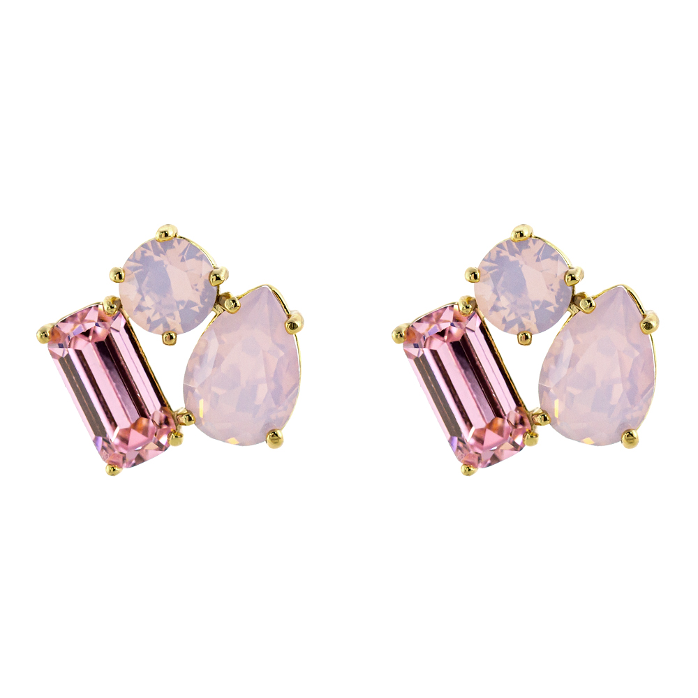 Cercei placati cu aur galben de 18 K si decorati cu trei pietre cubic zirconia roz Dance, 03L15-01146, Oxette Romania