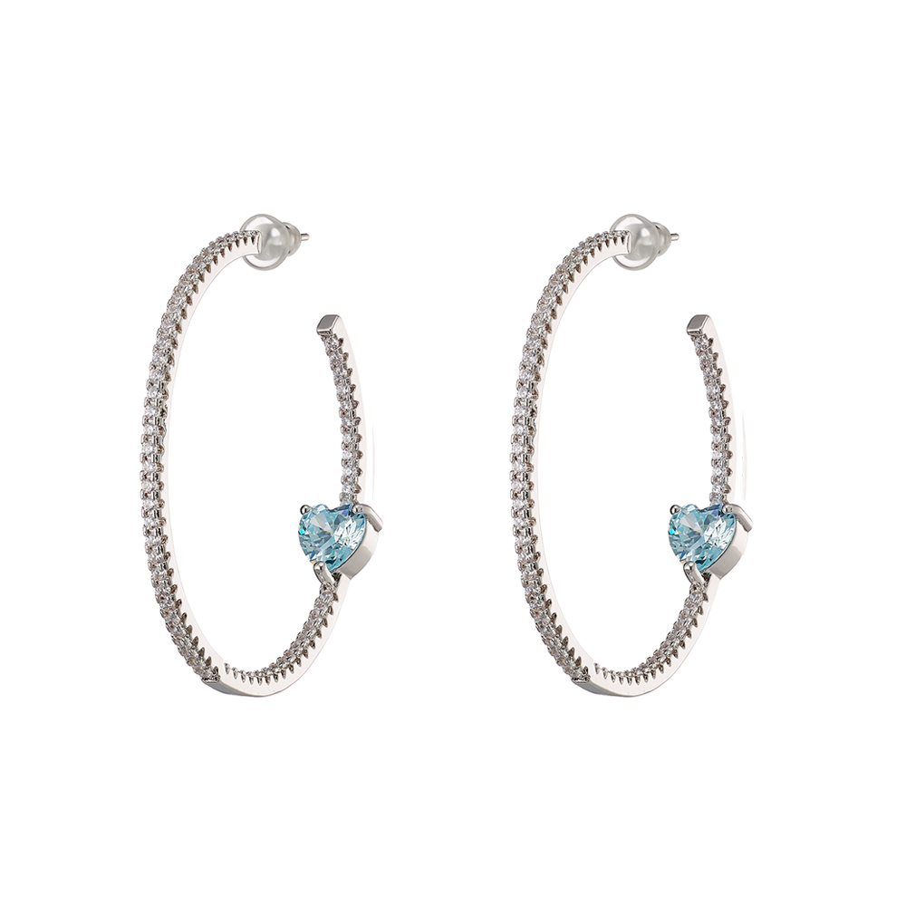 Cercei creole placati cu rodiu si decorati cu pietre cubic zirconia aqua Happy Hearts, 03L15-01201, Oxette Romania