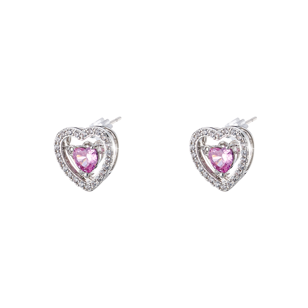 Cercei inima placati cu rodiu si decorati cu pietre cubic zirconia roz Happy Hearts, 03L15-01299, Oxette Romania