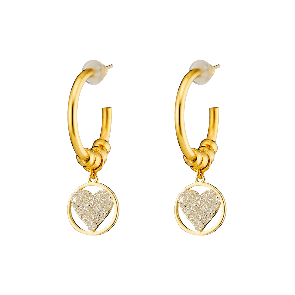 Cercei creole placati cu aur galben de 18 K decorati cu inimi si glitter Princess, 03L15-01325, Oxette Romania