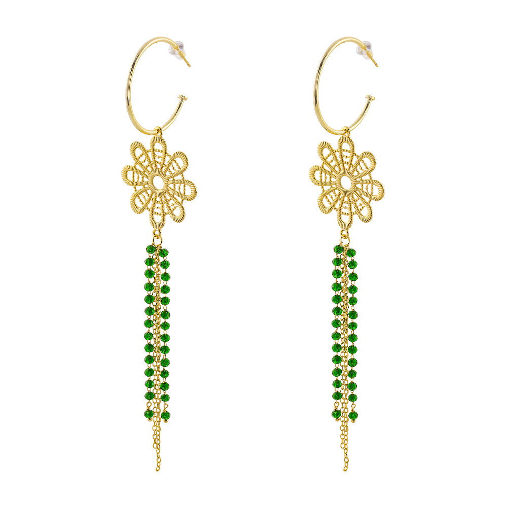 Cercei cu lanturi placati cu aur galben de 18 K decorati cu flori si cubic zirconia verzi Crochet, 03L15-01349-1, Oxette Romania