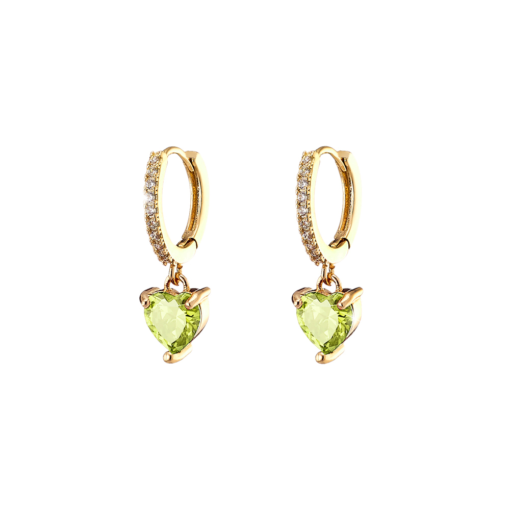 Cercei cu inima placati cu aur galben de 18 K decorati cu pietre cubic zirconia lime Happy Hearts, 03L15-01437, Oxette Romania