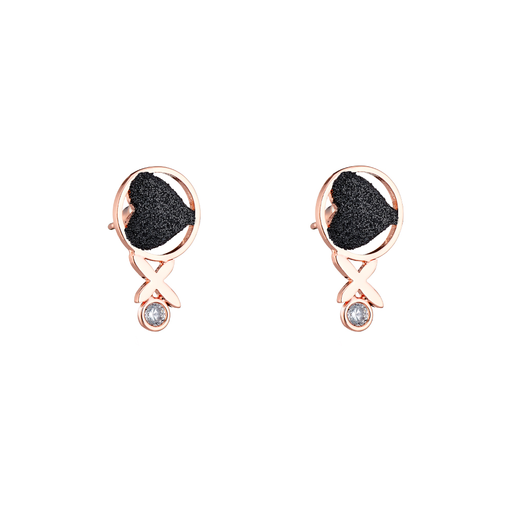 Cercei cu inimi si cruci placati cu aur roz de 18 K si glitter negru Princess, 03L15-01497, Oxette Romania