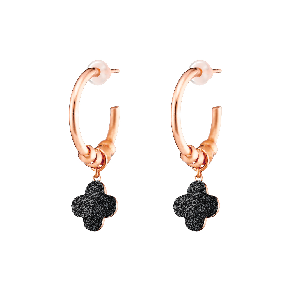 Cercei creole placati cu aur roz de 18 K decorati cu cruci cu glitter negru Princess (1.8 cm), 03L15-01499, Oxette Romania