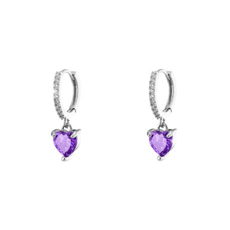 Cercei cu tortite tip creole placati cu rodiu decorati cu inimi mov Happy Hearts, 03L15-01503, Oxette Romania