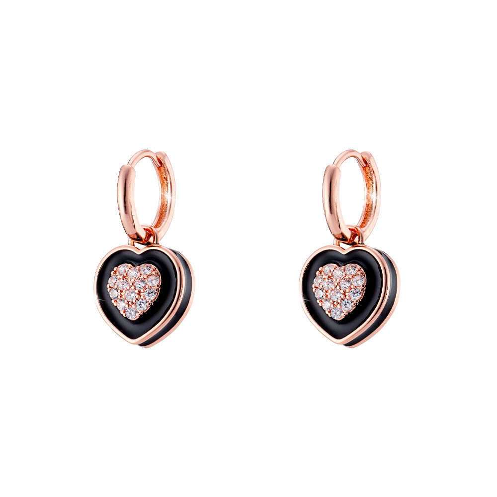 Cercei cu inima placati cu aur roz de 18 K si decorati cu email negru Beauty, 03L15-01510, Oxette Romania