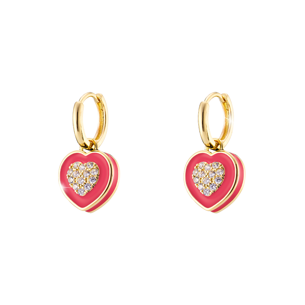 Cercei placati cu aur galben de 18 K decorati cu elemente inima si email fucsia Beauty, 03L15-01563, Oxette Romania