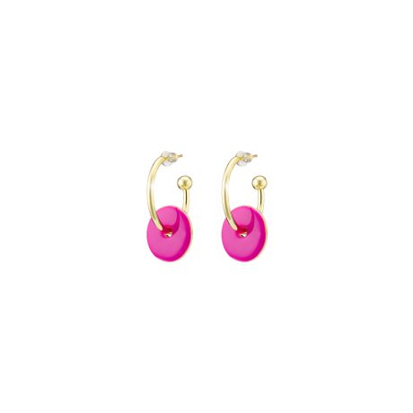 Cercei creole placati cu aur galben de 18 K decorati cu discuri din email fucsia Beauty (2.5 cm), 03L15-01587, Oxette Romania