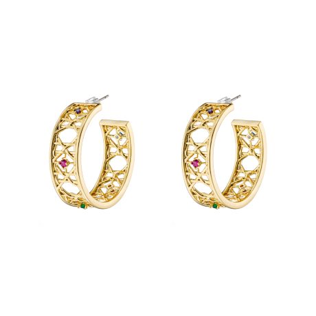 Cercei creole placati cu aur galben de 18 K cu pietre multicolore Basket (2.5 cm), 03L15-01591, Oxette Romania