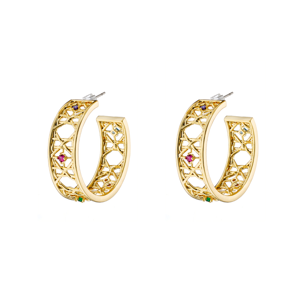 Cercei creole placati cu aur galben de 18 K cu pietre multicolore Basket (2.5 cm), 03L15-01591, Oxette Romania