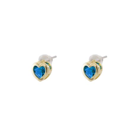 Cercei cu surub placati cu aur galben de 18 K inima si cristale zirconia albastre Happy Hearts, 03L15-01651, Oxette Romania