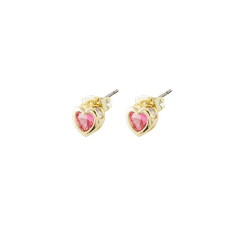 Cercei cu surub placati cu aur galben de 18 K inima si cristale zirconia roz Happy Hearts, 03L15-01653, Oxette Romania