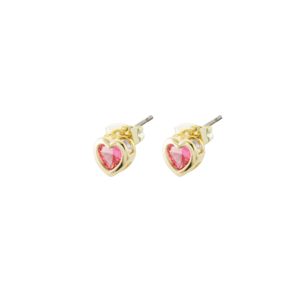 Cercei cu surub placati cu aur galben de 18 K inima si cristale zirconia roz Happy Hearts, 03L15-01653, Oxette Romania
