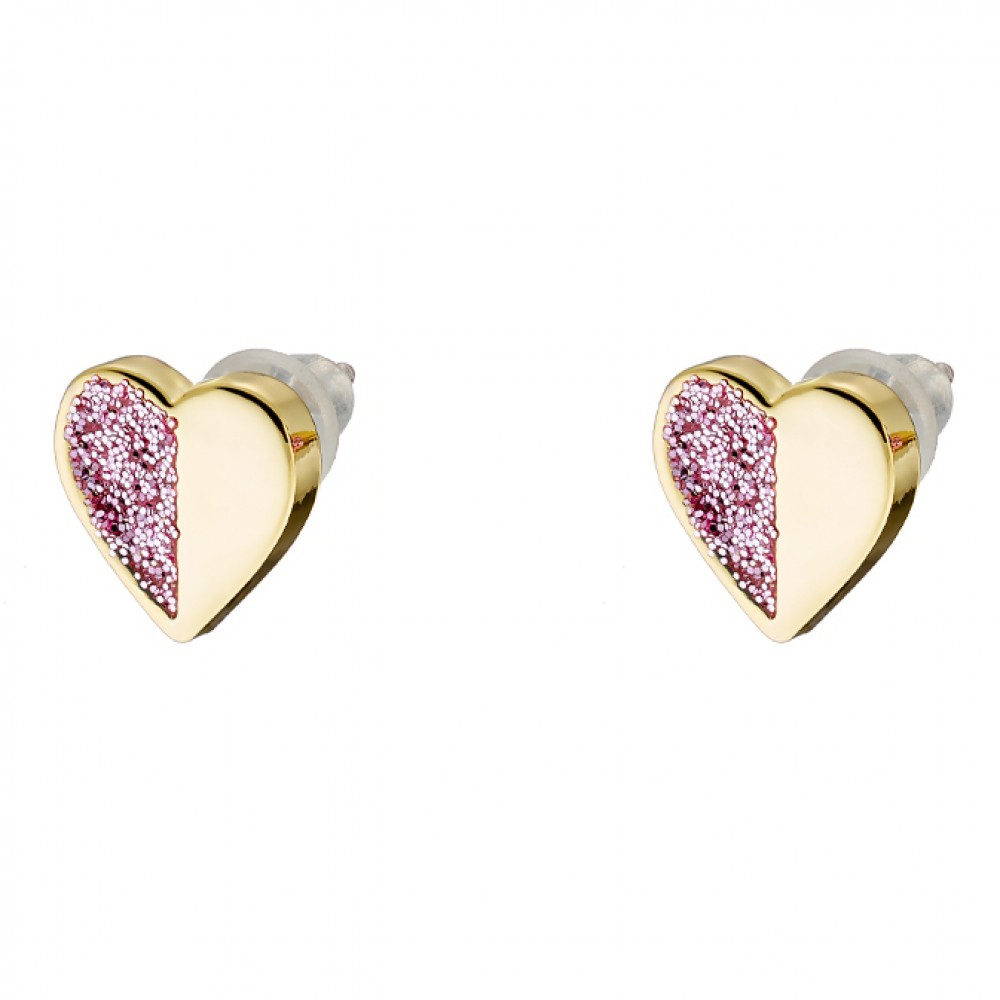 Cercei inima placati cu aur galben de 18 K cu glitter roz Princess, 03L15-01658, Oxette Romania