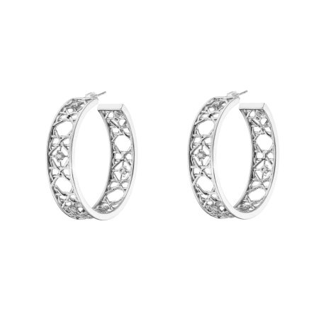 Cercei creole placati cu rodiu si decorati cu pietre cubic zirconia incolore Basket, 03L15-01811, Oxette Romania