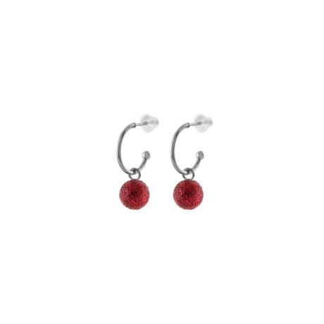 Cercei rotunzi placati cu rodiu cu sfere si glitter rosu Fireball, 03L15-01899, Oxette Romania