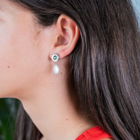 Cercei argint eleganti cu perle de cultura si pietre cubic zirconia verzi Shine, 03V01-J4492, Oxette Romania