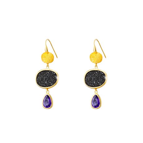 Cercei argint placat cu aur galben de 18 K decorati cu pietre mov si cristale caviar Sunset Bis, 03X05-03193, Oxette Romania