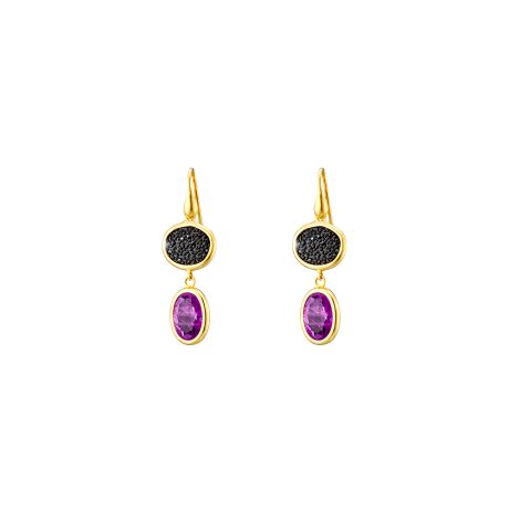 Cercei argint placat cu aur galben de 18 K decorati cu pietre fucsia si cristale caviar Sunset Bis, 03X05-03194, Oxette Romania