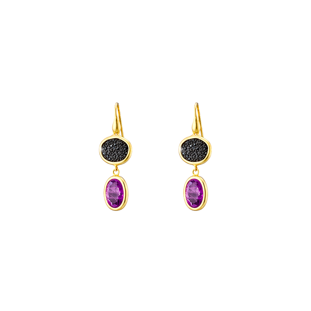 Cercei argint placat cu aur galben de 18 K decorati cu pietre fucsia si cristale caviar Sunset Bis, 03X05-03194, Oxette Romania