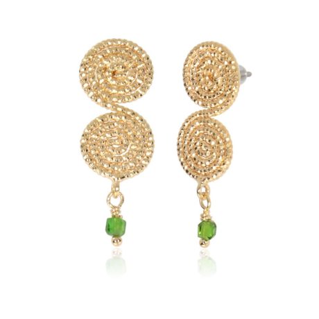Cercei argint placat cu aur galben de 18 K cu banuti spirale si pietre verzi Helix, 03X05-03199, Oxette Romania