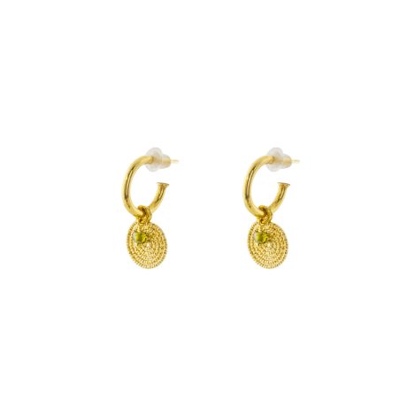 Cercei argint placat cu aur galben de 18 K tip creole cu spirale si pietre verzi Helix, 03X05-03201, Oxette Romania