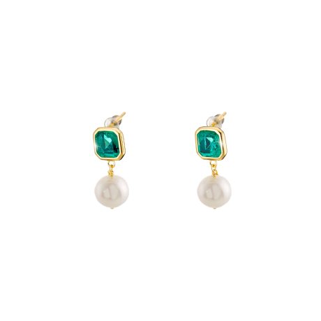 Cercei argint placat cu aur galben de 18 K cu perle de cultura si pietre verzi Rock Candy, 03X05-03203, Oxette Romania