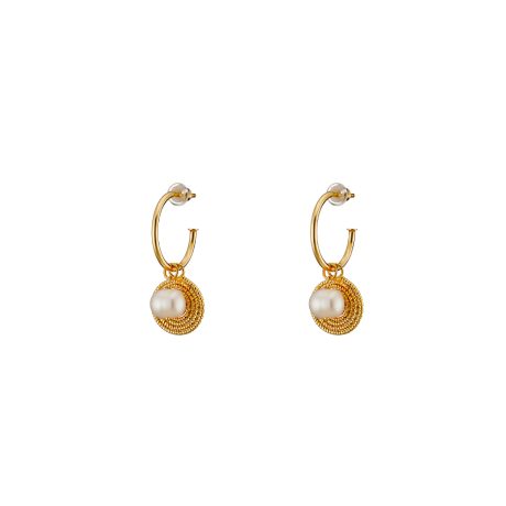 Cercei argint placat cu aur galben de 18 K tip creole cu spirale si perle de cultura Helix, 03X05-03227, Oxette Romania