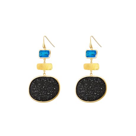 Cercei argint eleganti placati cu aur galben de 18 K cu cristale caviar negre si pietre albastre Sunset Bis, 03X05-03233, Oxette Romania