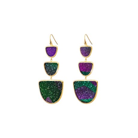 Cercei argint placat cu aur de 18K tip statement cu cristale caviar mov si verzi Noblesse, 03X05-03301, Oxette Romania