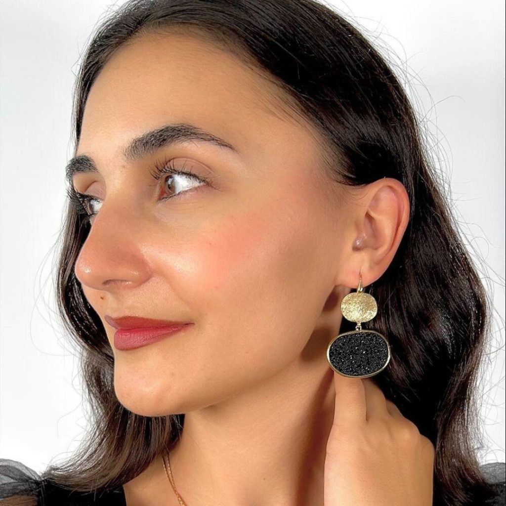 Cercei argint eleganti placati cu aur galben de 18K cu cristale caviar negre Sunset, 03X05-03468-2, Oxette Romania