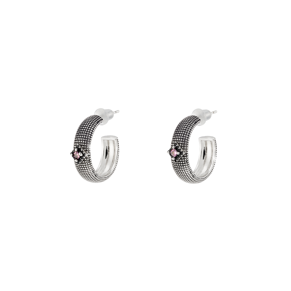 Cercei creole placati cu rodiu, ruteniu si aur galben de 18 K decorati cu pietre cubic zirconia verzi Natrix (1.8 cm), 03X15-00538, Oxette Romania