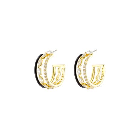 Cercei creole placati cu aur de 18K cu email negru si cubic zirconia Mosaic, 03X15-00640, Oxette Romania