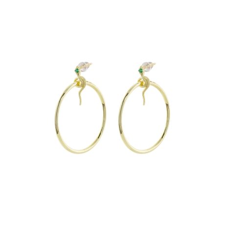 Cercei rotunzi lungi placati cu aur 18K cu elemente in forma de sarpe si zirconia verde Natrix, 03X15-00699, Oxette Romania