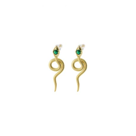 Cercei lungi placati cu aur 18K cu elemente in forma de sarpe si zirconia verde Natrix, 03X15-00708, Oxette Romania