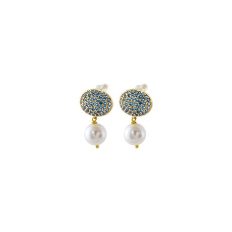 Cercei eleganti placati cu aur 18 k cu element rotund cu zirconia albastre si perla sintetica Palm Beach, 03X15-00725, Oxette Romania