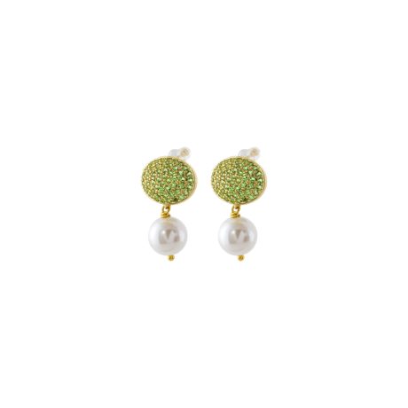 Cercei eleganti placati cu aur 18 k cu element rotund cu zirconia verzi si perla sintetica Palm Beach, 03X15-00726, Oxette Romania