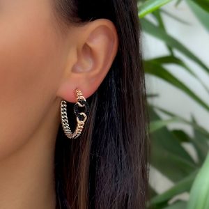 Cercei tip creole placati cu rodiu si aur roz de 18 K cu glitter negru Starstruck, 03l15-01746-2, Oxette Romania
