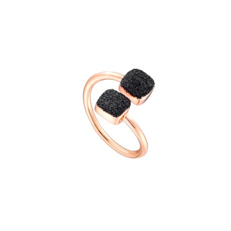 Inel deschis placat cu aur roz de 18 K decorat cu 2 elemente patrate presarate cu glitter negru Starstruck, 04L15-00630, Oxette Romania